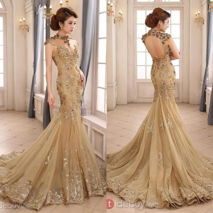 Mermaid gold wedding dresses