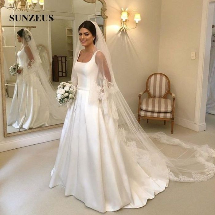 Square neckline long sleeve wedding dress